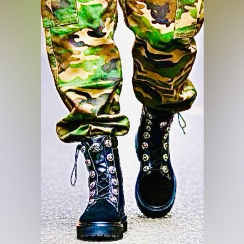 Kurt Geiger Women's Black Leather Jeweled Combat Boots 8